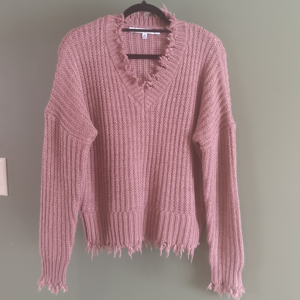 🌠Host Pick🌠 Hyfyve  Fringed Sweater Sz M Pink Soft Long Sleeve Drop Shoulder